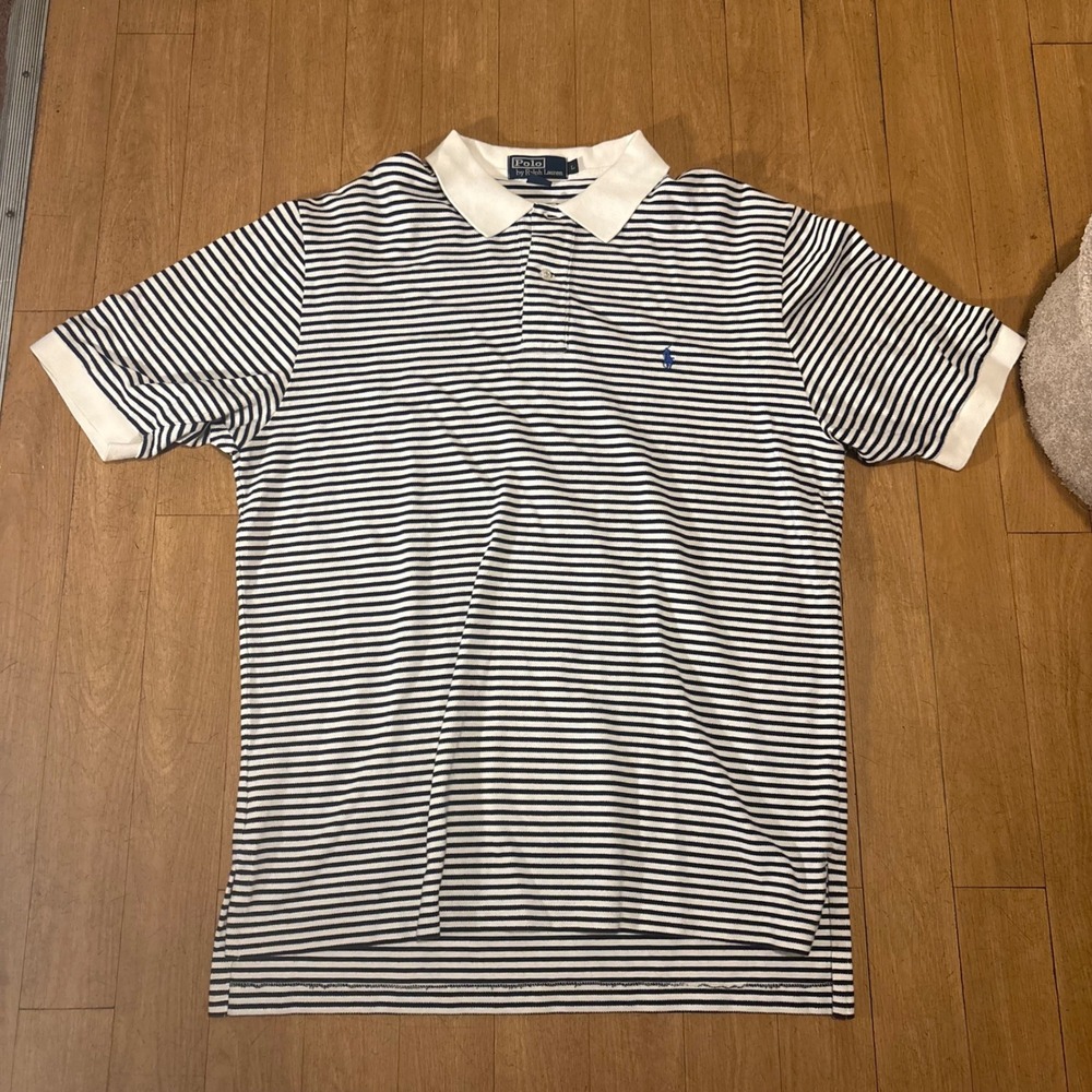 Polo Ralph Lauren Mens Large Navy White Striped Cotton Pique Short Sleeve Polo